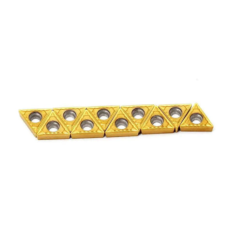 Carbide Turning Inserts TCMT090204 Tin Coated Three Thirty Second Inch Thick One Sixty Fourth Inch Radius Seven Degree Relief For Steel
