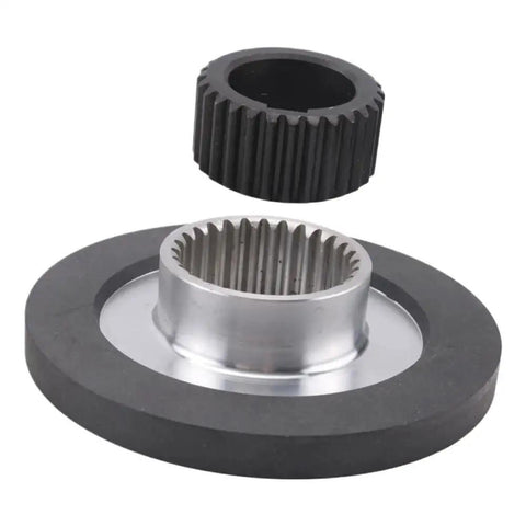 Front view of electromagnetic brake gear disc assembly: black friction pad, silver splined hub, 150mm diameter