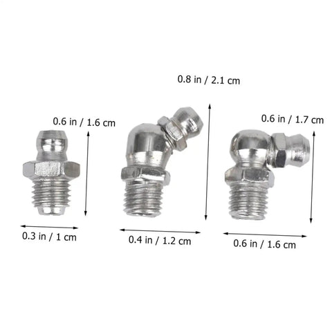 Close-up of three metal grease fittings from the Grease Zerk Fittings Kit, 45-Piece Metric Assortment With Straight, 45-Degree, And 90-Degree Angles