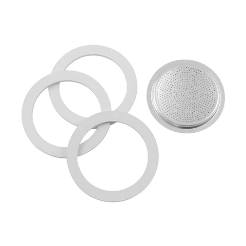 Bialetti replacement gasket and filter set for 6-cup espresso maker; includes four white gaskets and metal filter plate.
