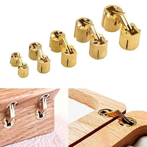 Hidden Brass Barrel Hinges With 180 Degree Opening For Concealed Furniture And Jewelry Box DIY Crafting Durable Brass Link Hardware In Sizes 8mm Through 18mm 1 Pc showing different sizes and installed view