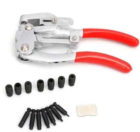 Heavy Duty Hand Held Hole Punch Kit For Sheet Metal With Power Punch Tool Pro Grade Build showing tool and seven die sizes