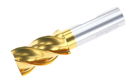 7/8 Inch End Mill With 3/4 Inch Shank 1-7/8 Inch Flute Length 4-1/8 Inch Overall Length HSS Finishing Tin Coated 4 Flute Center Cutting Right Hand Spiral End Mill 1400-3218 Accusize Industrial Tools close-up view