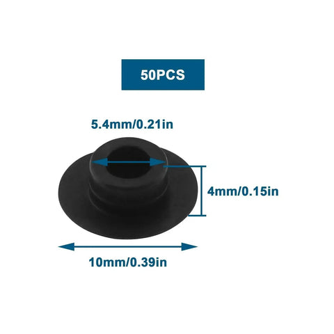 Diagram showing dimensions of 50 Pack Socket Head Screw Cover Caps For M6 Allen Screws, 10mm OD, 5.4mm ID, 4mm thick, black plastic.