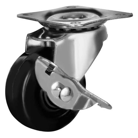 Close-up of a 12 Pack 2-Inch Swivel Casters With Brakes For Cart Or Equipment, Hard Rubber Wheels, Top Plate Mount, Metal frame
