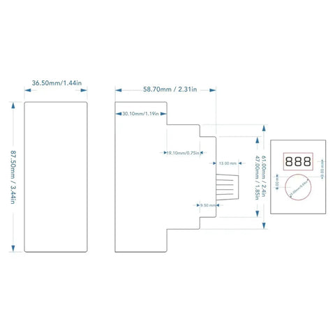Diagram of Adjustable 0 To 22 Milliamp Current Signal Simulator with 3-Digit Display, including dimensions for rail mount installation.