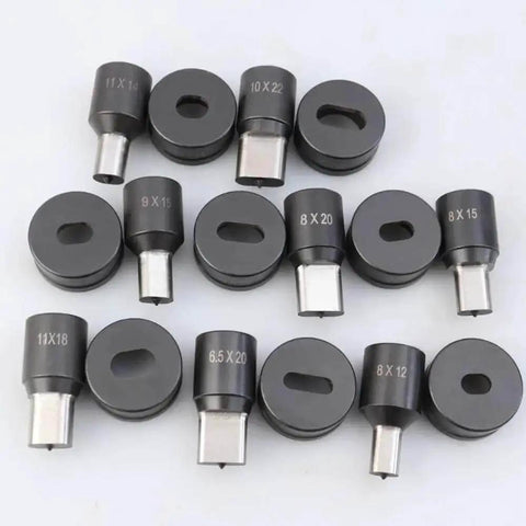 Assorted oval hole punch dies for CH-70 hydraulic punching machine, various sizes including 7.5x15mm, ideal for precise metal fabrication.
