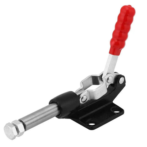 Push Pull Toggle Clamp 305E 386 Kg Capacity For Workholding Jigs And Welding Fixtures, featuring red handle and black base.