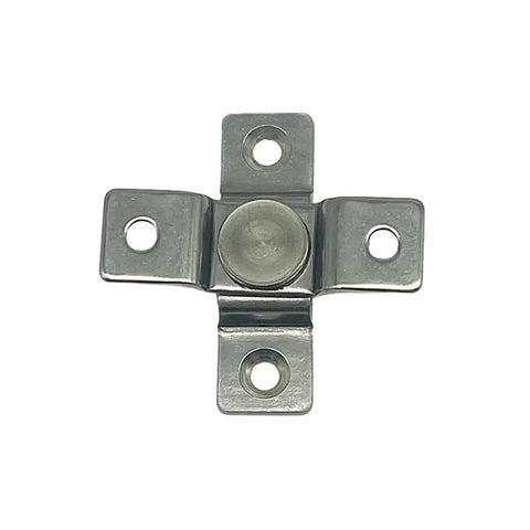 Shock absorber hinge mounting bracket, stainless steel cross-shaped with four arms and screw holes.