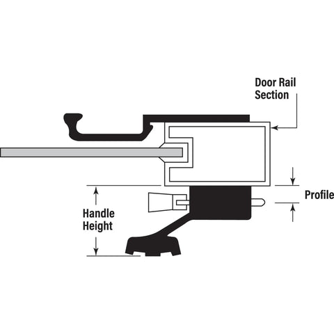 Technical diagram of Diecast Mill Finish Sliding Patio Door Surface Mount Handle With Anti Lift Hook Latch for older style doors.