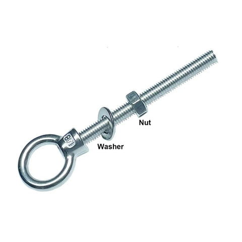 Six Pack M8 Eyebolts Stainless Steel Heavy Duty Lifting Rings For Swing Tire Chair And Suspension Fittings Outdoor Indoor Anchoring Kit Five Sixteenths Inch By Three And One Eighth Inch, showing detailed view of an eyebolt with nut and washer
