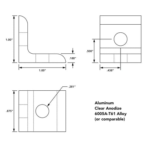 Diagram of Beefy Two Hole Inside Corner Bracket For T Slot Aluminum Extrusions with dimensions and clear anodized finish specs