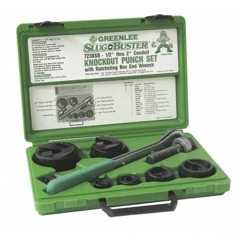 Slug Buster Knockout Punch Kit With Hex Ratchet Wrench For 1/2 Inch To 2 Inch Conduit Punches in green case with tools