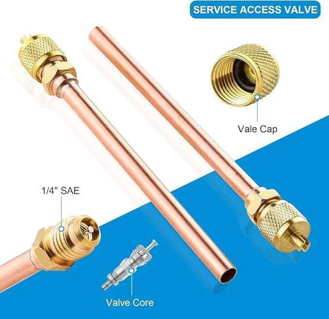 Service access valve kit, 20-piece copper refrigerant valves, 1/4 SAE to 1/4 OD, 2.5 inch stem