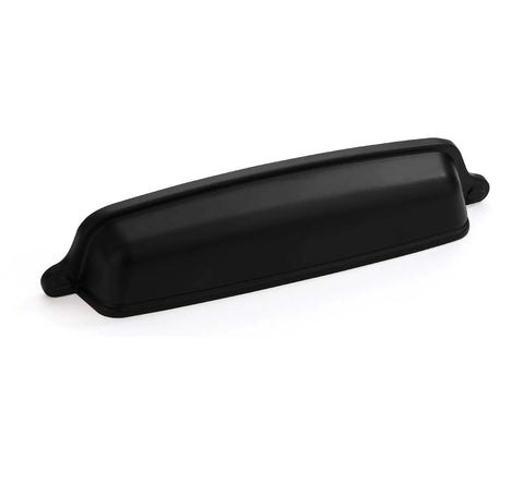 10 Pack Matte Black Cabinet Cup Pulls 5 Inch Hole Center 6.37 Inch Length Drawer Pulls For Kitchen Cabinets And Furniture No Fuss Upgrade Durable Metal Cup Pulls For Closets Dressers Doors, front view of a single pull.