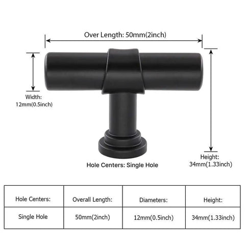 10 Pack Black Cabinet Knobs With Single Hole T Bar Pulls, 2 Inch Overall Length, 34mm Height, 12mm Diameter
