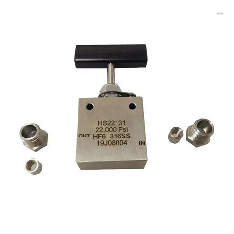 Ultra High Pressure SS316 Hand Operated Needle Valve For Gas And Water, 60,000 PSI, 6/19 Inch Size, Model HS60142, shown with fittings