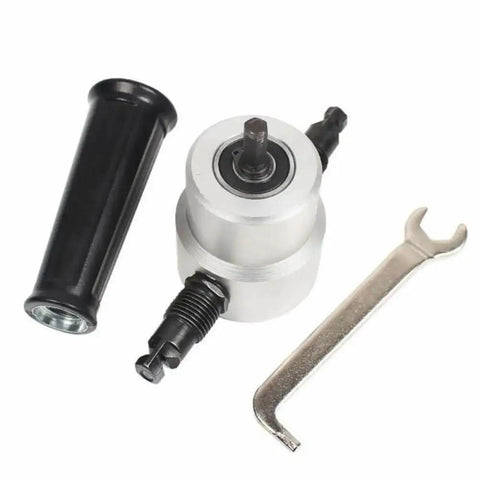 Double Head Sheet Metal Nibbler Saw Cutter Power Drill Attachment with ergonomic handle, nibbler head, and wrench for metal sheet cutting.