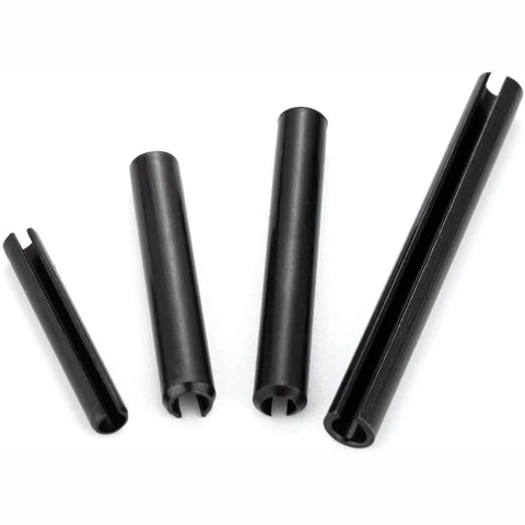 Slotted Spring Dowel Pin Assortment Kit 450 pieces with black hollow spring steel pins shown up close for precise alignment.