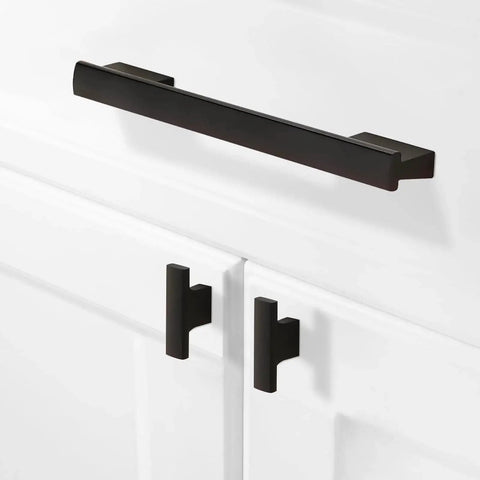 Matte Black Cabinet Pulls 5 Inch Center To Center Aluminum Drawer Handles Set Of 10 for Kitchen Cabinets, shown on white doors.