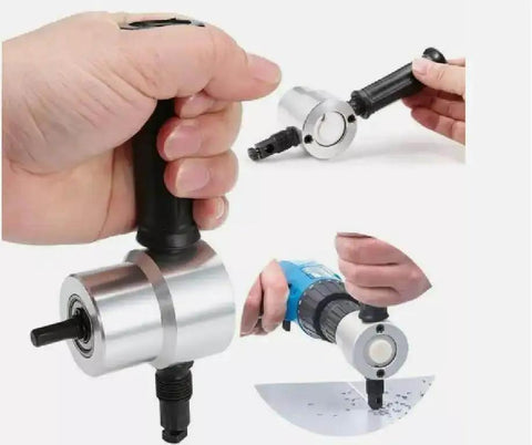 Sheet Metal Cutter Nibbler Double Head Cutting Tool For Power Drill DIY Friendly, shown in various angles and applications.