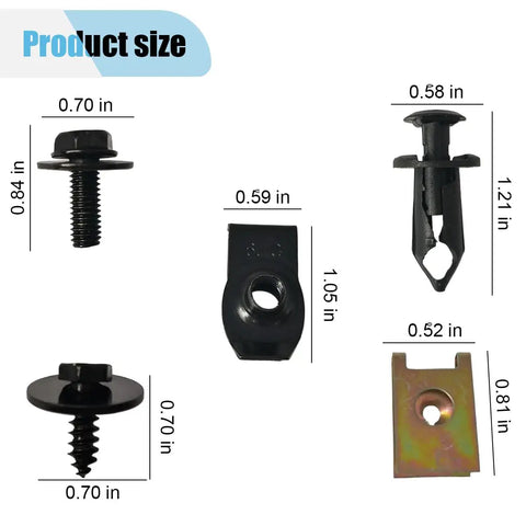 Detailed image of 100 Piece Automotive Screws And Bolts Kit For Engine Under Cover Splash Shield Guard And Fender Liner Push Retainer Clips U Nuts And Plastic Rivet Fasteners For Car Body Repair with dimensions