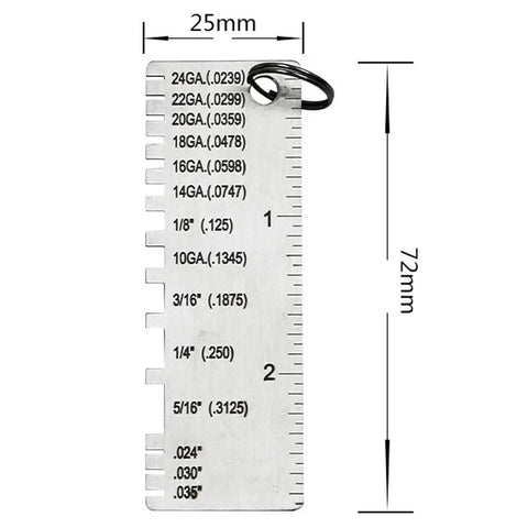 Close-up of 2 Pack Stainless Steel Welding Gauge Kit for Sheet and Wire Thickness - Dual-Sided Round Wire Gauge 0-36 AWG and SAE, Cable and Metal Sheet Gauge, Workhorse Precision Measurement Tool showing wire gauge measurements.