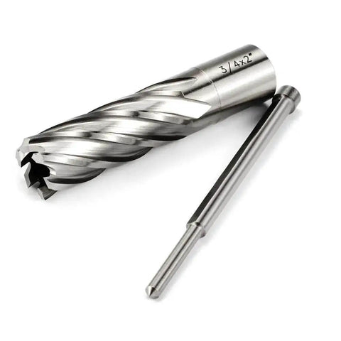 Heavy Duty Three Quarter Inch Annular Cutter For Magnetic Drill Press With Weldon Shank And Two Flat Pilot Pin Two Inch Depth Of Cut And Three Quarter Inch Cutting Diameter One Piece OSCARBIDE shown on white background