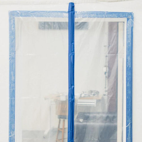 E-Z UP Magnetic Dust Containment Door Kit, outdoor clear door with blue frame and central magnetic seam