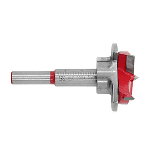 Side view of a single tungsten carbide drill bit from 5 Piece Tungsten Carbide Adjustable Drill Bit Set For Concealed Hinges Do It All 15 To 35 Mm Hole Drilling Guide Bits For Soft And Hard Wood Durable Woodworking Jig Style Bits That Withstand Heavy Use.