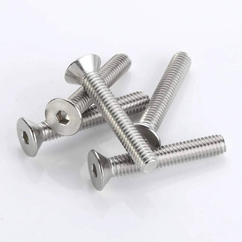 M6 Flat Head Socket Cap Screws 1.0mm Pitch, 25mm Long, Stainless Steel 304 Bright Finish, DIN 7991, Allen Hex Drive