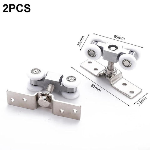 Slick Four Wheel Metal Sliding Track Pocket Door Roller Kit with hanger ball bearing pulleys, front and side view.