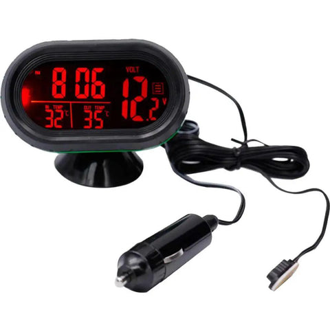 Car Digital Clock And Thermometer With LCD Display And 12-24V Voltmeter on dashboard with red display and cables
