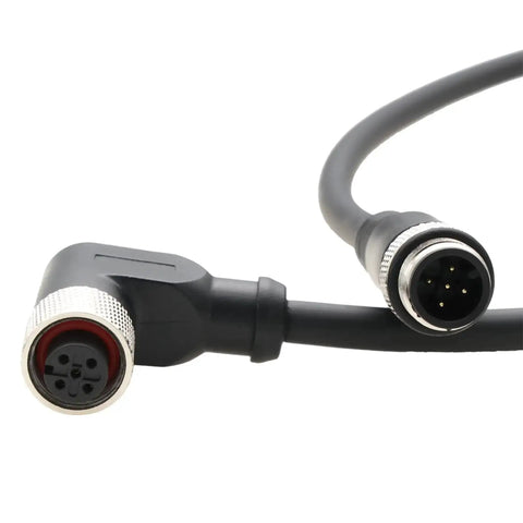 M12 5 Pin Right Angle Power And Data Cable A Coded For Industrial Actuators, black with gold-plated contacts, close-up
