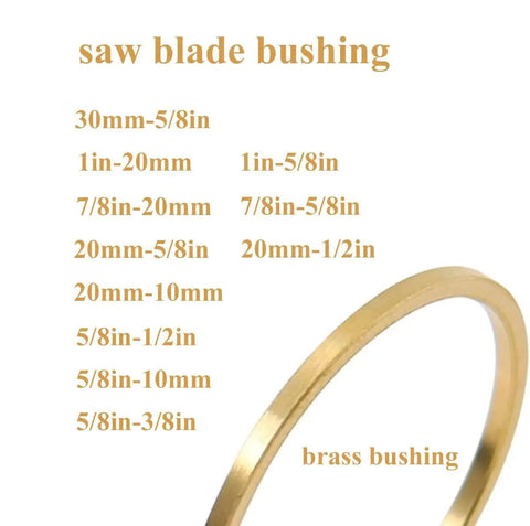 Brass Arbor Reducer Bushings 1 Inch To Five Eighths Inch 1.5mm Thick Four Pack Pro Grade For Diamond Saw Blades text with bushing