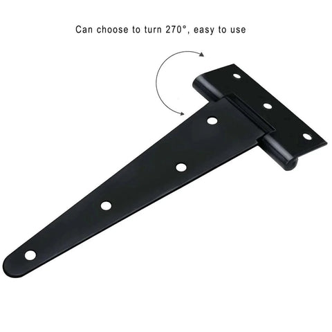 Close-up of a six-inch black T-strap hinge for gates, part of a 4 Piece Black T Strap Gate Hinges Set With Screws.