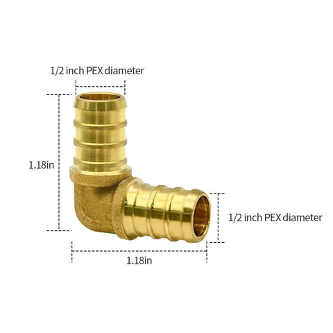 Side view of 10 Pack Brass PEX Elbow Fittings One Half Inch 90 Degree For PEX Tubing Durable Potable Water Approved SDWA 2014