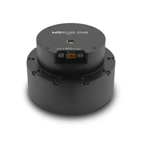 MG8016E servo reduction motor with brake, black round housing, front view with connectors