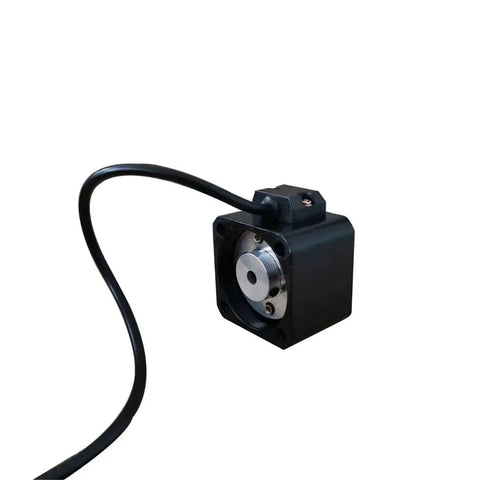 NEMA 17 stepper motor, black 42x42mm frame, 8mm shaft with attached cable, front view.