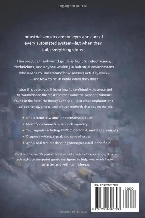 Book back cover: Industrial Sensors field guide with summary text and barcode.