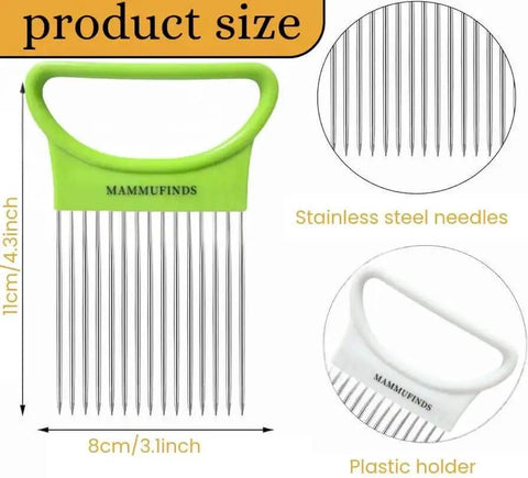 Versatile Potato Slicer And Kitchen Gadgets Set With Crinkle Cutter Onion Slicer Stainless Steel Blades Vegetable Holder And Mandoline Slicer For Tomatoes Avocados And Other Fruits, Wavy Cut Tool For Veggies And Easy Food Prep with green and white handle, stainless steel needles, and size dimensions shown.