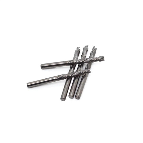 Set of five Pro Grade One Eighth Inch Shank Carbide End Mills Three Point One Seven Five By Seventeen Millimeter Up And Down Cut Square Nose CNC Spiral Router Bits Two Flute