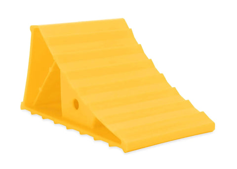 Front view of Wheel Chock Without Rope For Trailers And RVs UV Protected Plastic 26 Inch, yellow color.