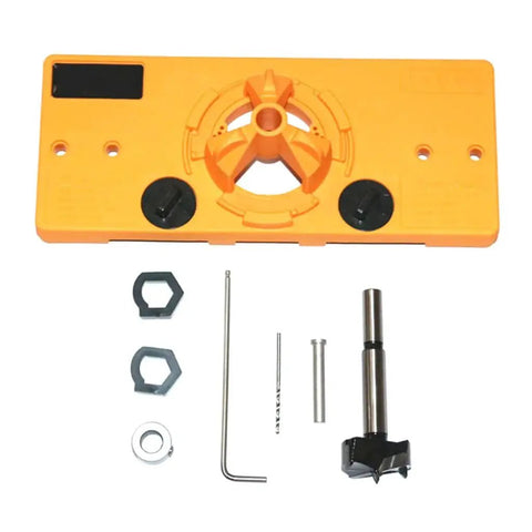 Hinge Drilling Jig For Cabinet Doors Pro Grade Adjustable 15 To 35 Millimeters Hole Locator And Drill Guide, shown with accessories
