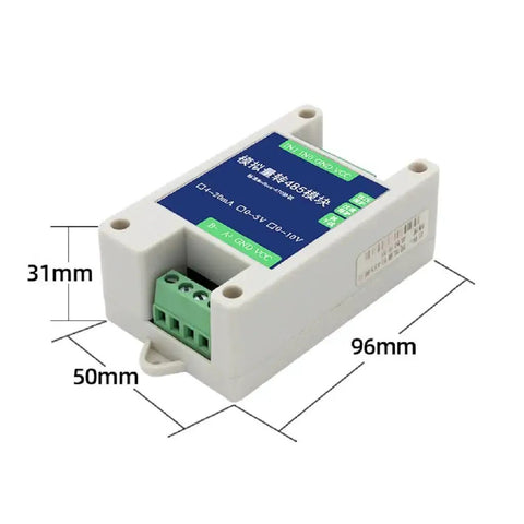 Two Channel Analog Input To Modbus RTU RS485 Converter For PLC IO Module with dimensions of 96mm x 50mm x 31mm, industrial grade