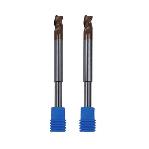 Two Piece Quarter Inch Reduced Shank Router End Mill Set Featuring Five Sixteenth Inch Cutting Diameter, Thirty Seven Degree Helix, Solid Carbide, Three Flute, ZRN Coated Bits For Aluminum And Non Ferrous Materials, High Velocity Milling. Image shows the product standing upright with blue caps.