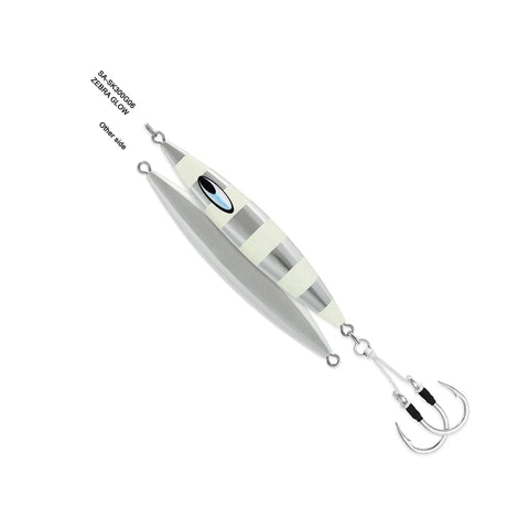 Saltwater Metal Jig With Center Balanced Drop And Flutter Action For Fast Vertical Speed Jigging Five Zero Assist Hooks Glow Finish Durable Saltwater Ready Lure showing full side view