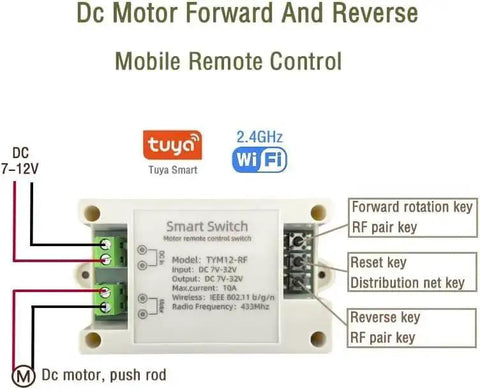 WiFi Forward And Reverse Relay Module 10A 7 To 32V DC For Linear Actuators And Motors Tuya And Alexa compatible smart switch diagram