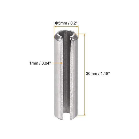 Slotted Spring Pin M5 x 30mm 304 Stainless Steel Roll Pin Dowel Pin Plain Finish Axial Slotted With Chamfered Ends For Precise Positioning Durable Fasteners 10 Pack, showing dimensions.