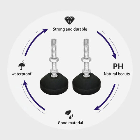 Adjustable Threaded Pole Leveling Feet For Furniture Glide 4 Pack M8x50mm and M8x1.25mm, black and silver tone, shown with material features.